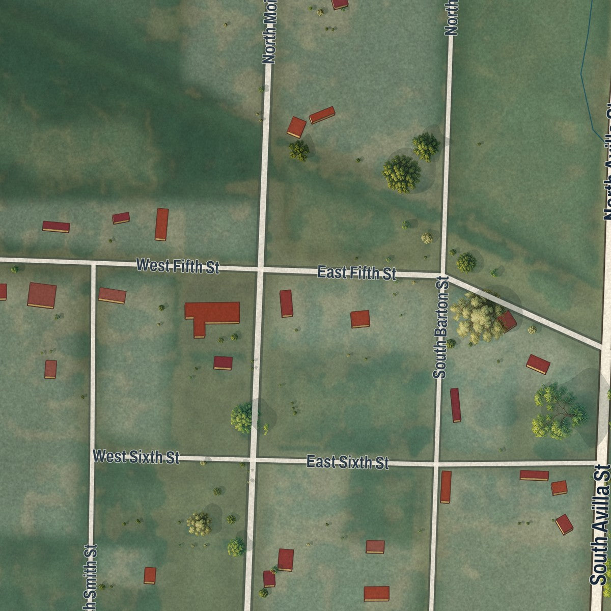 Close-up of the map of Reeds, Missouri print showing street and building detail