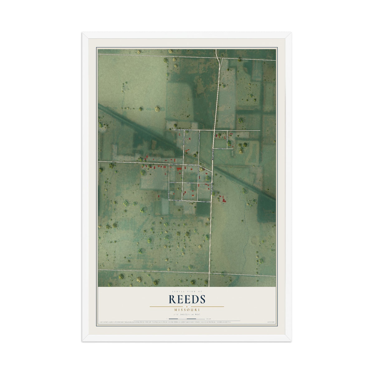 Map of Reeds, Missouri, 12 x 18 inch print in a white wood frame