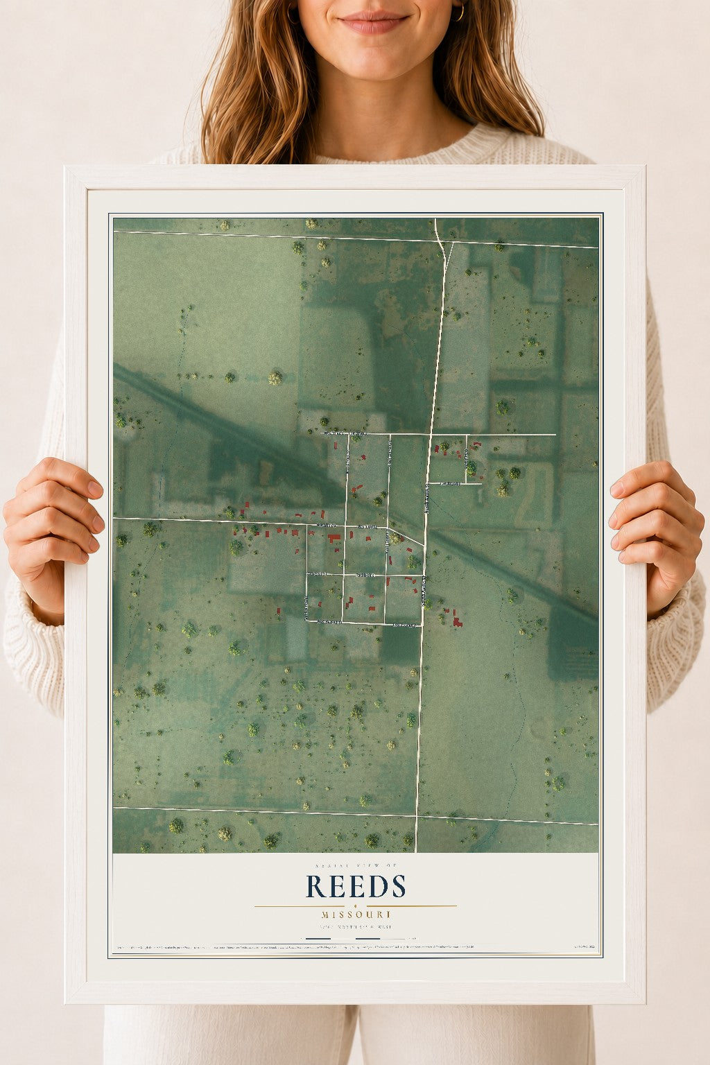Map of Reeds, Missouri, 18 x 24 inch print in a white wood frame