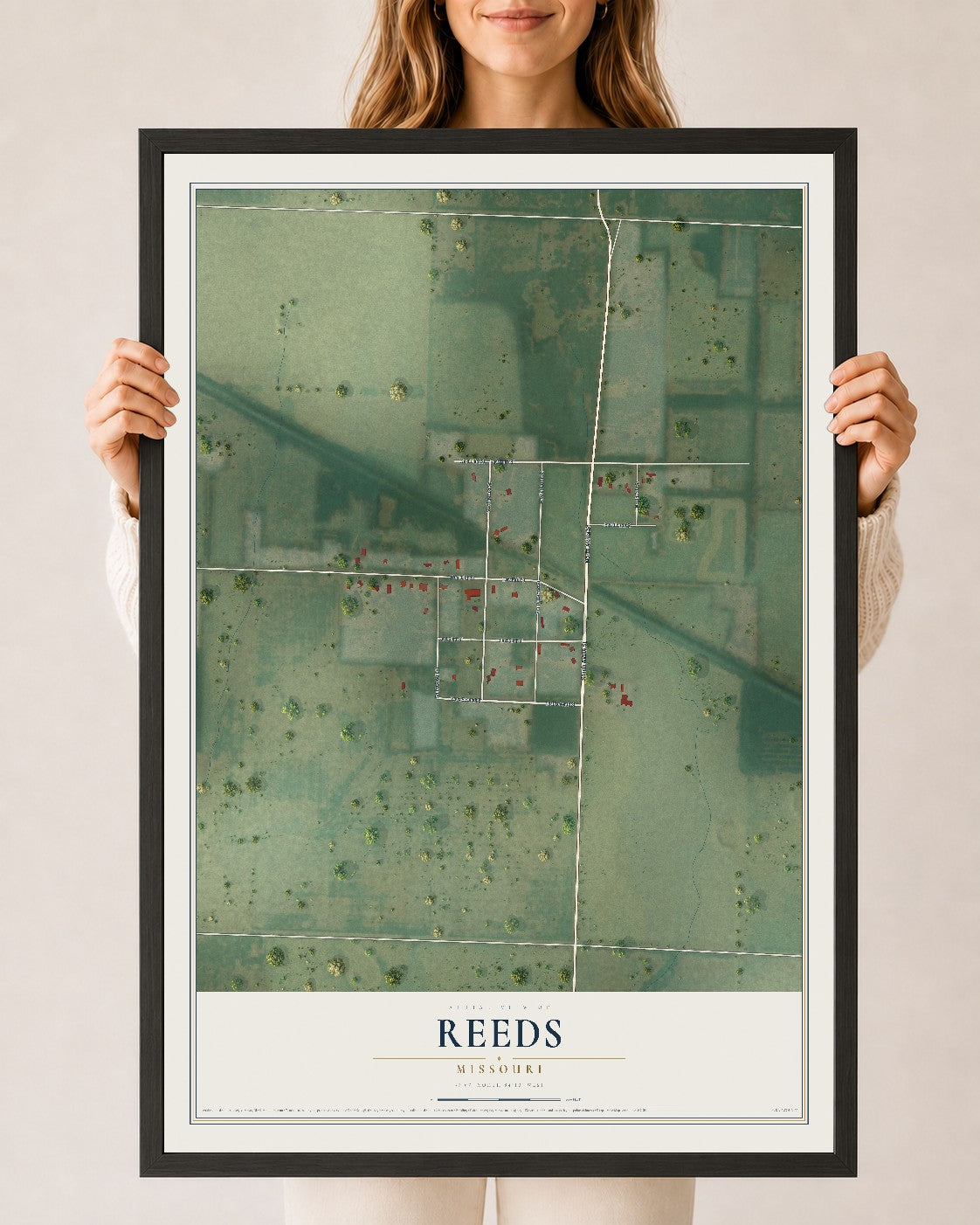Map of Reeds, Missouri, 24 x 36 inch print in a black wood frame