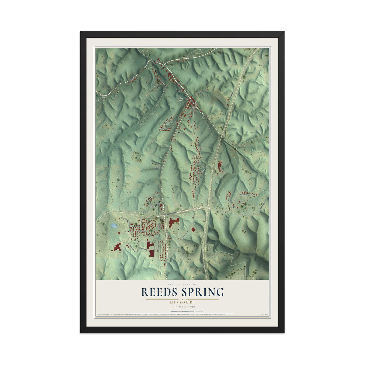 Map of Reeds Spring, Missouri, 12 x 18 inch print in a black wood frame