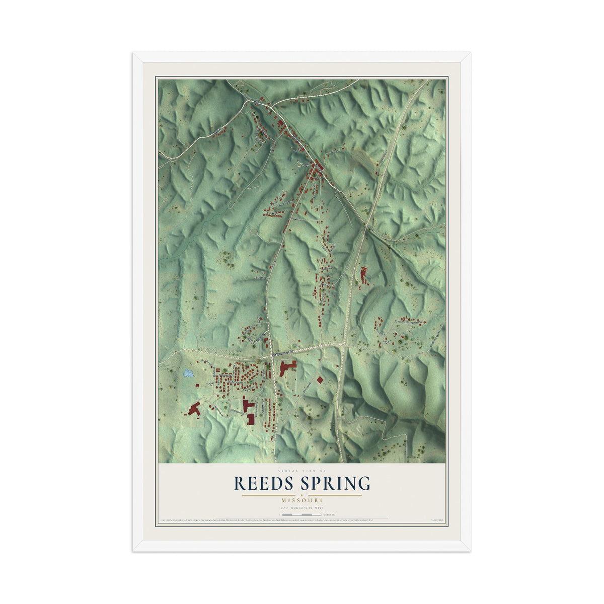 Map of Reeds Spring, Missouri, 12 x 18 inch print in a white wood frame