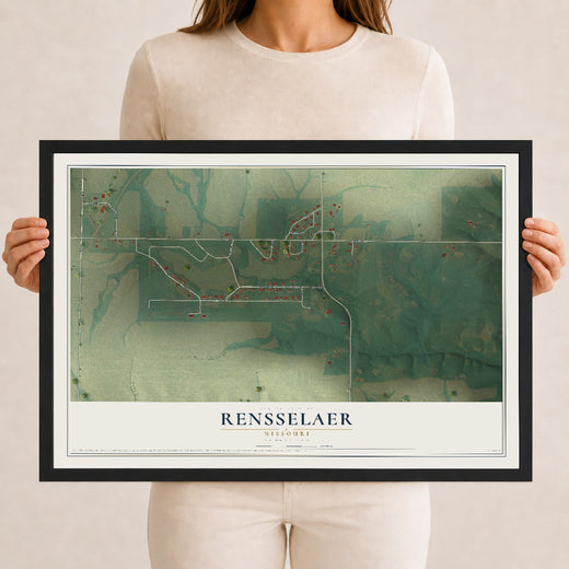 Map of Rensselaer, Missouri, 12 x 18 inch print in a black wood frame