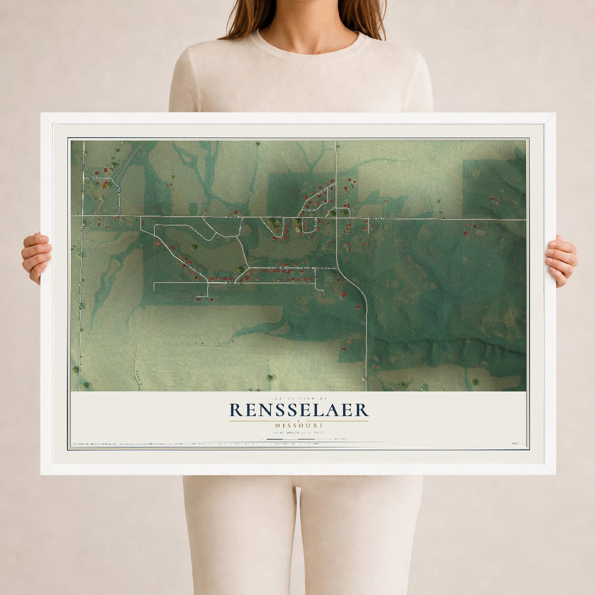 Map of Rensselaer, Missouri, 24 x 36 inch print in a white wood frame