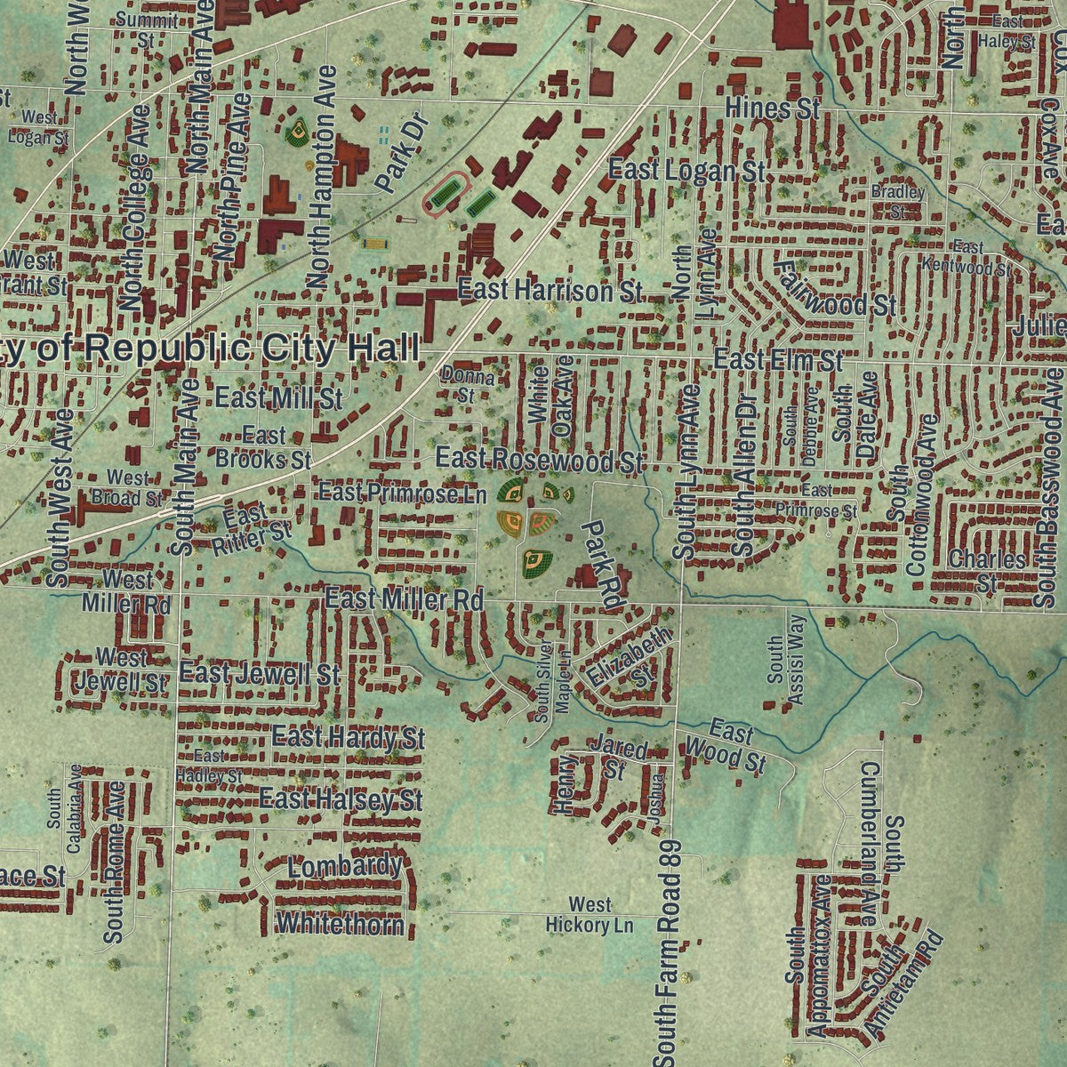 Close-up of the map of Republic, Missouri print showing street and building detail