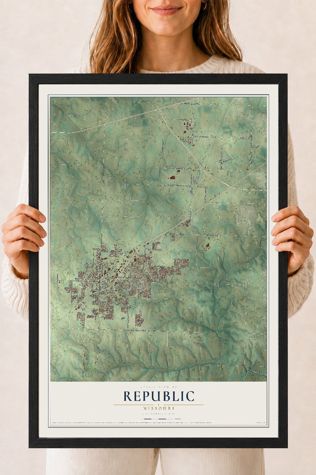 Map of Republic, Missouri, 18 x 24 inch print in a black wood frame
