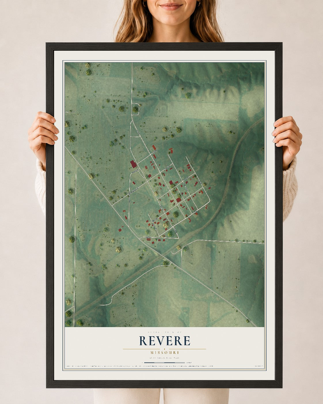Map of Revere, Missouri, 24 x 36 inch print in a black wood frame