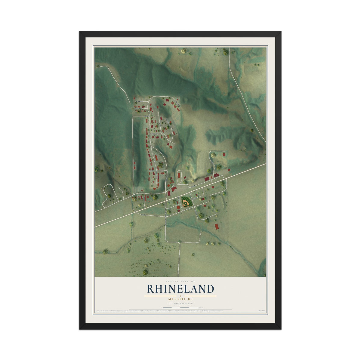 Map of Rhineland, Missouri, 12 x 18 inch print in a black wood frame