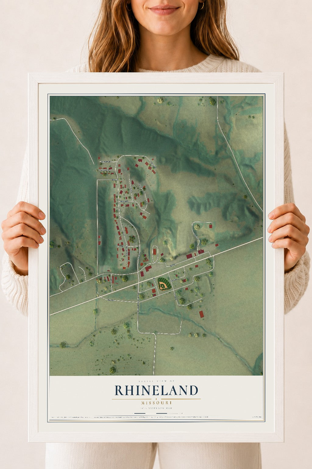 Map of Rhineland, Missouri, 18 x 24 inch print in a white wood frame