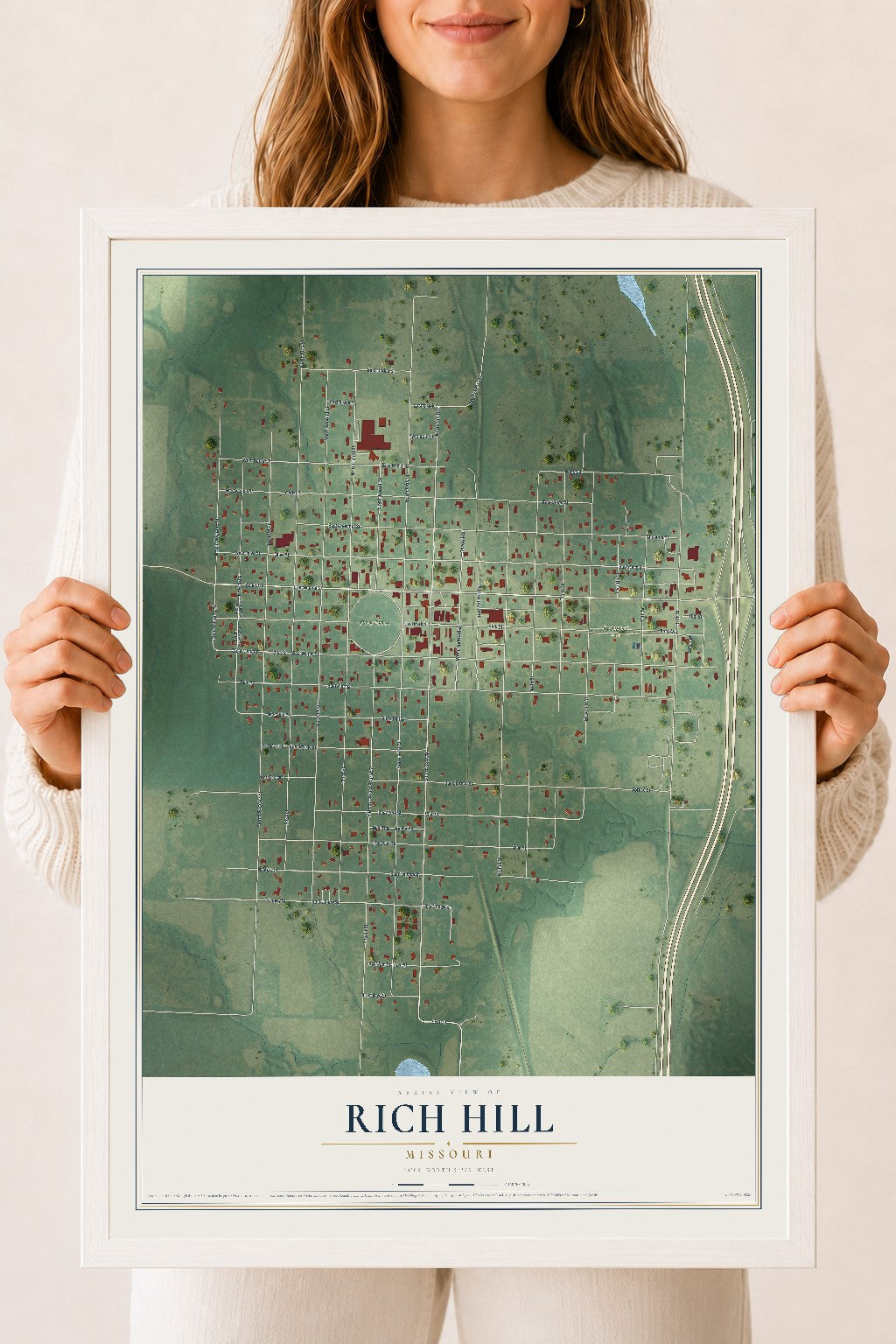 Map of Rich Hill, Missouri, 18 x 24 inch print in a white wood frame