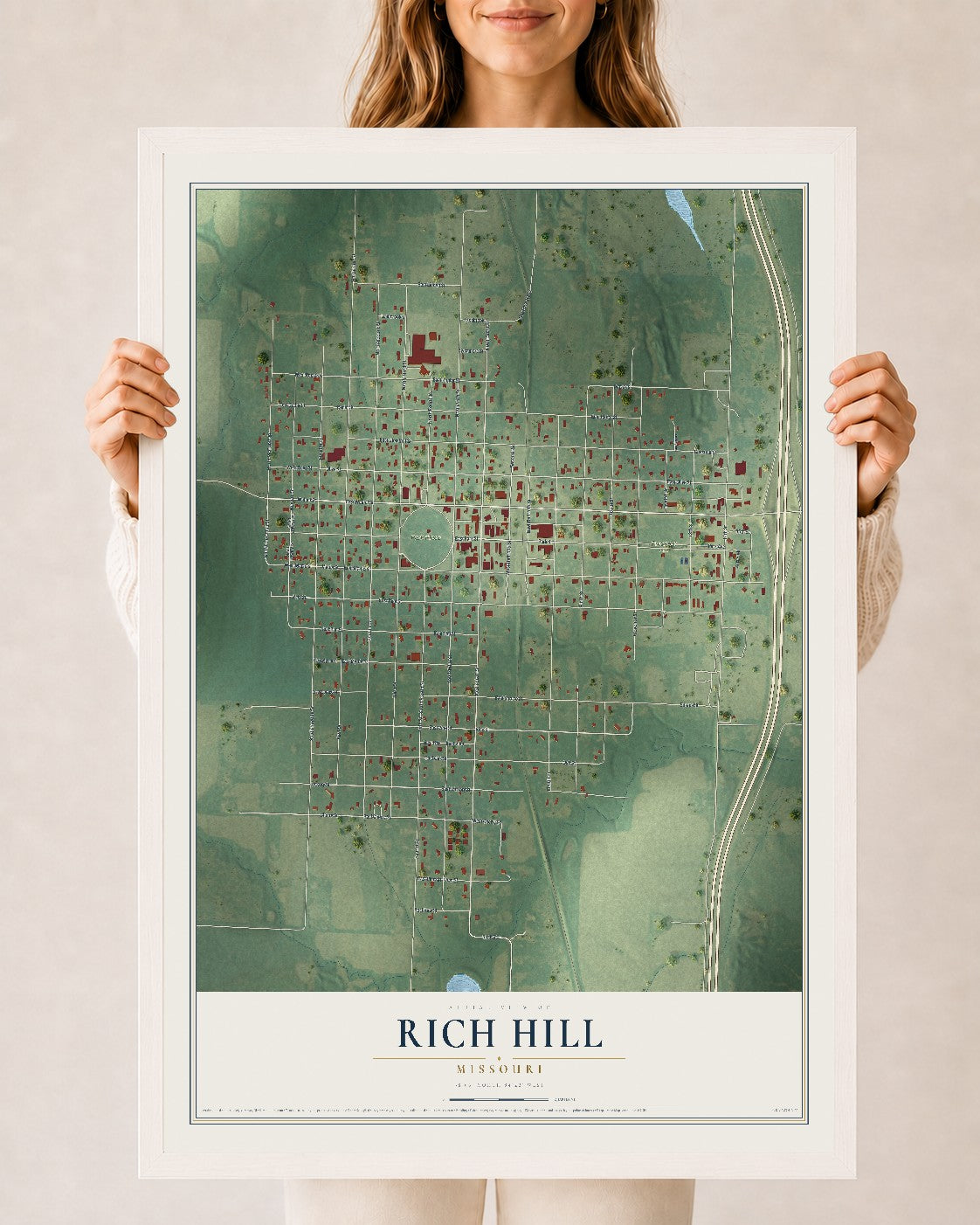 Map of Rich Hill, Missouri, 24 x 36 inch print in a white wood frame