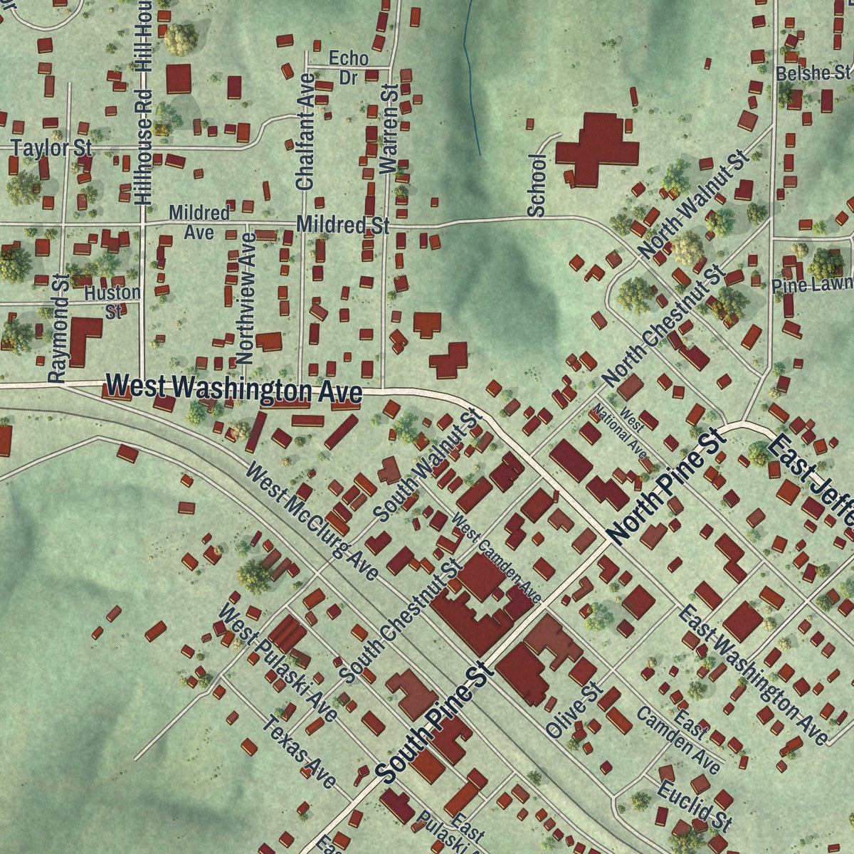 Close-up of the map of Richland, Missouri print showing street and building detail