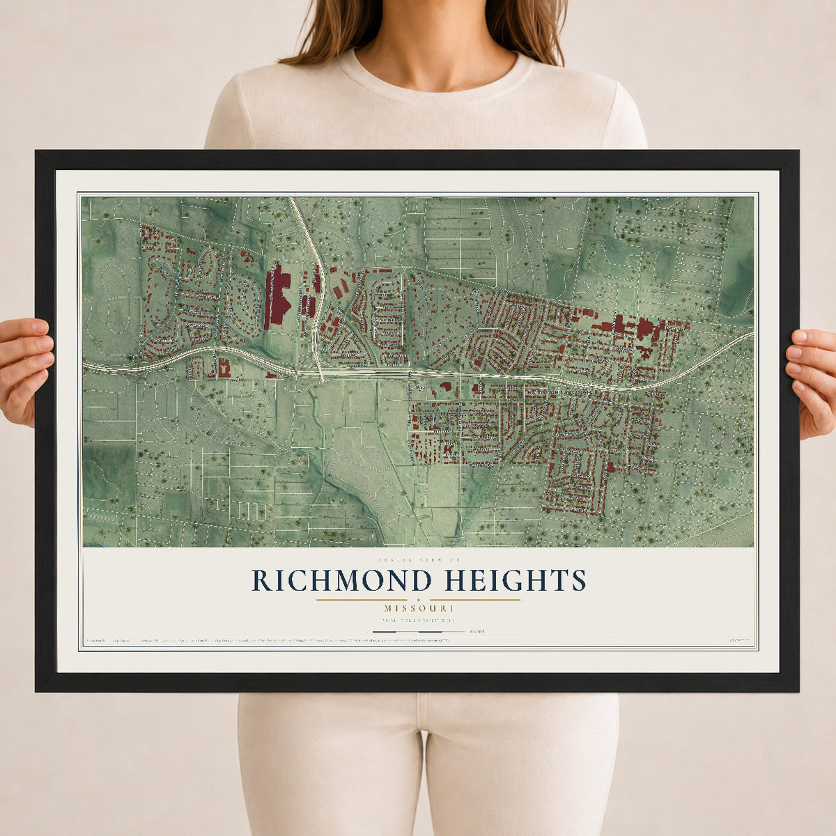 Map of Richmond Heights, Missouri, 18 x 24 inch print in a black wood frame