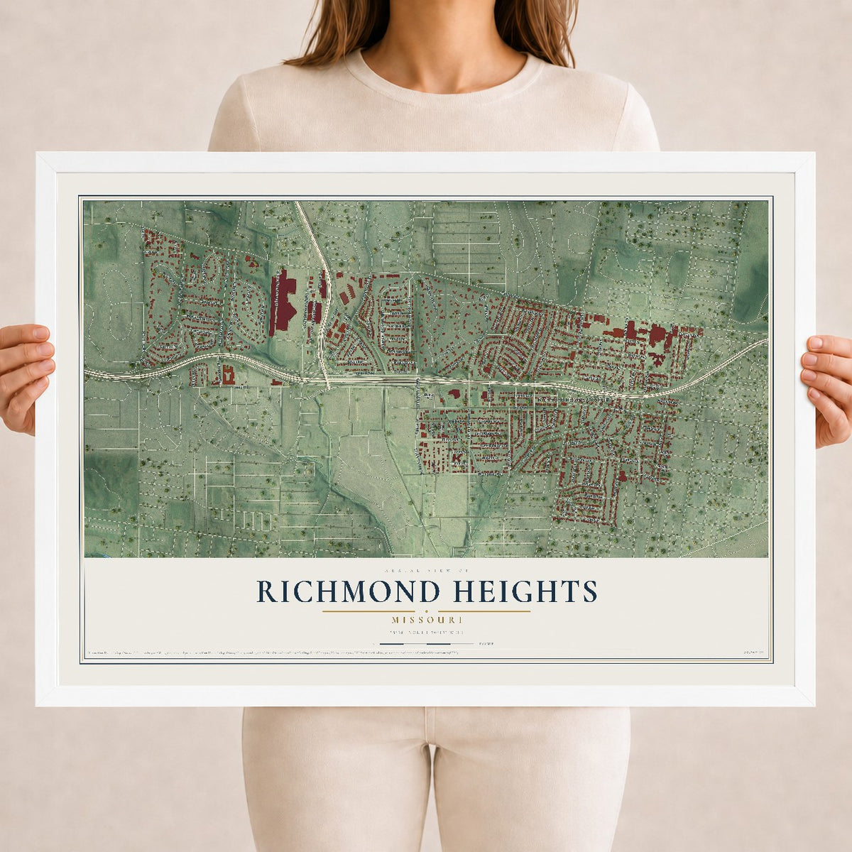 Map of Richmond Heights, Missouri, 18 x 24 inch print in a white wood frame