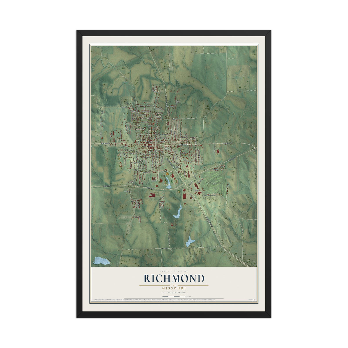 Map of Richmond, Missouri, 12 x 18 inch print in a black wood frame