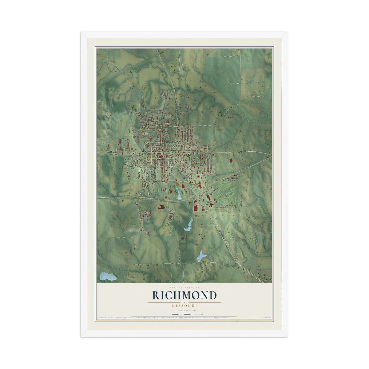 Map of Richmond, Missouri, 12 x 18 inch print in a white wood frame