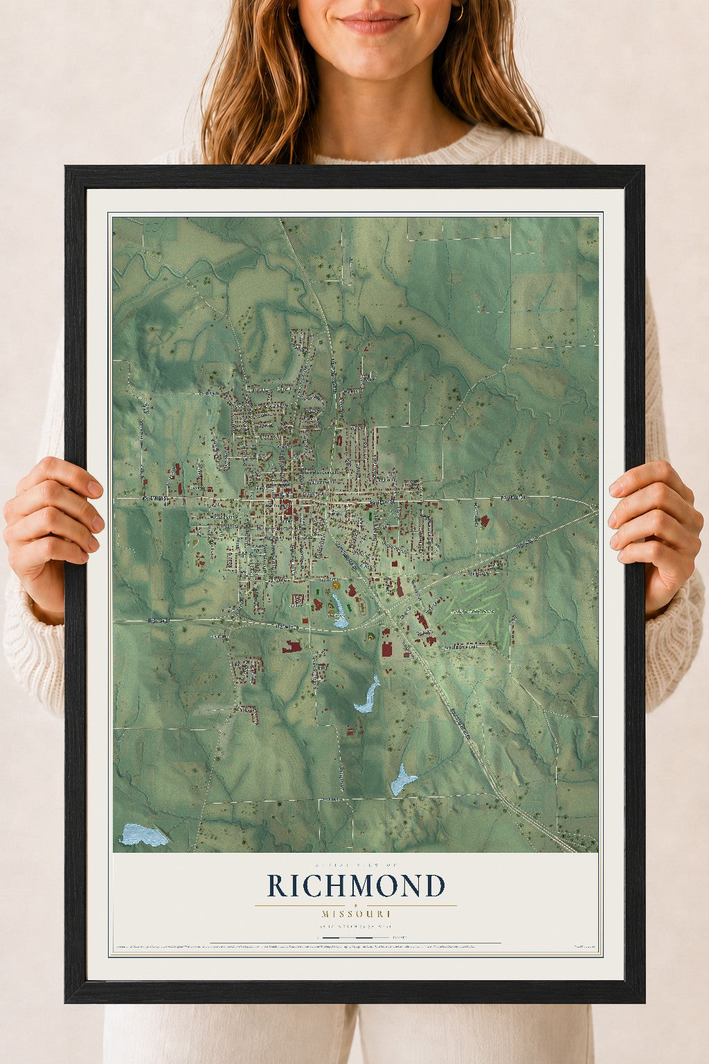 Map of Richmond, Missouri, 18 x 24 inch print in a black wood frame