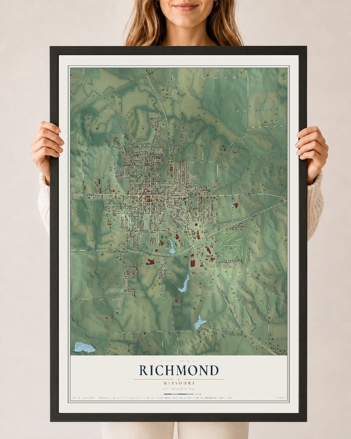 Map of Richmond, Missouri, 24 x 36 inch print in a black wood frame