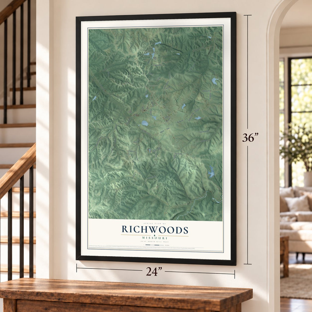 Richwoods, Missouri map, 24 x 36 inch print in a black frame by a staircase