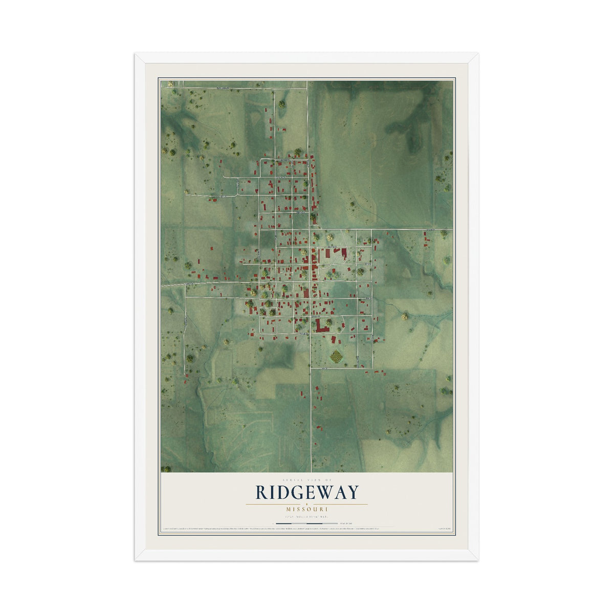 Map of Ridgeway, Missouri, 12 x 18 inch print in a white wood frame
