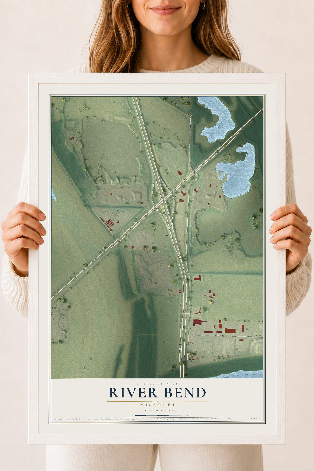 Map of River Bend, Missouri, 18 x 24 inch print in a white wood frame