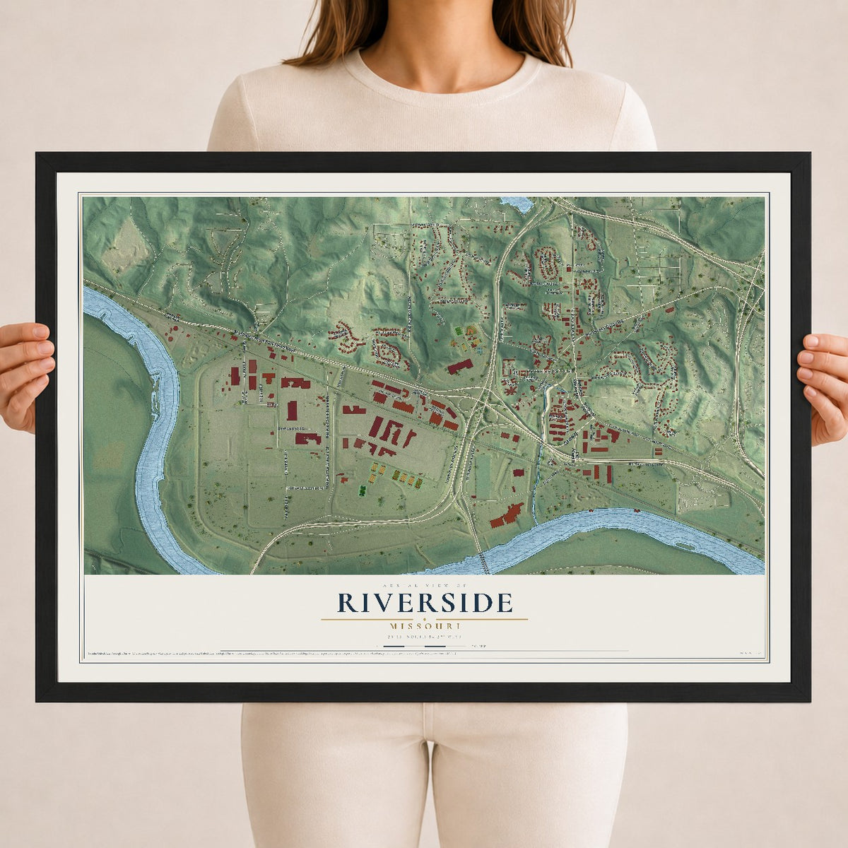 Map of Riverside, Missouri, 18 x 24 inch print in a black wood frame