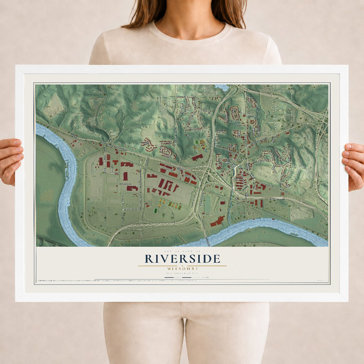 Map of Riverside, Missouri, 18 x 24 inch print in a white wood frame