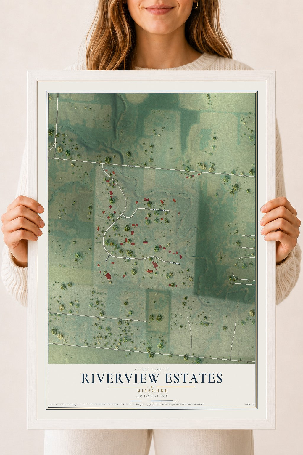 Map of Riverview Estates, Missouri, 18 x 24 inch print in a white wood frame