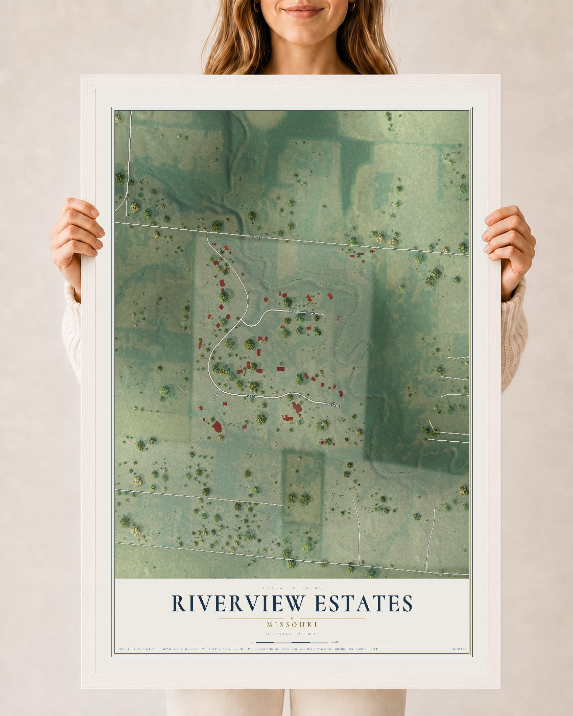 Map of Riverview Estates, Missouri, 24 x 36 inch print in a white wood frame