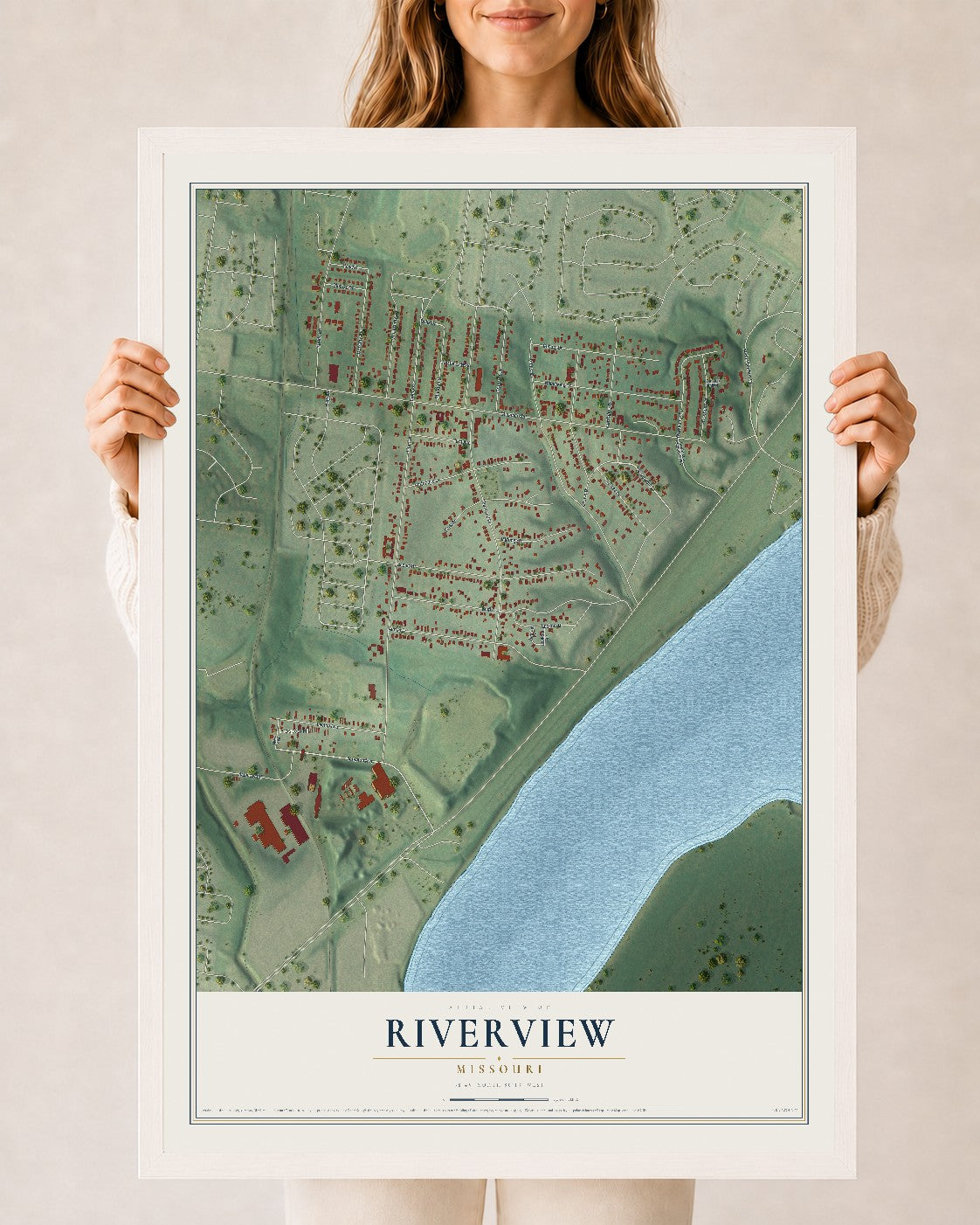 Map of Riverview, Missouri, 24 x 36 inch print in a white wood frame