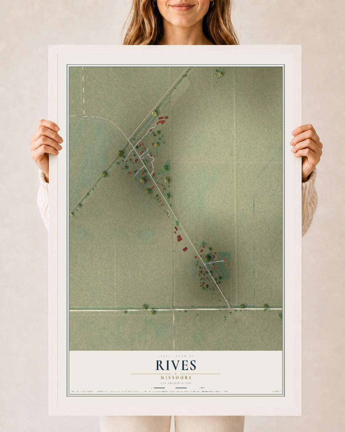 Map of Rives, Missouri, 24 x 36 inch print in a white wood frame