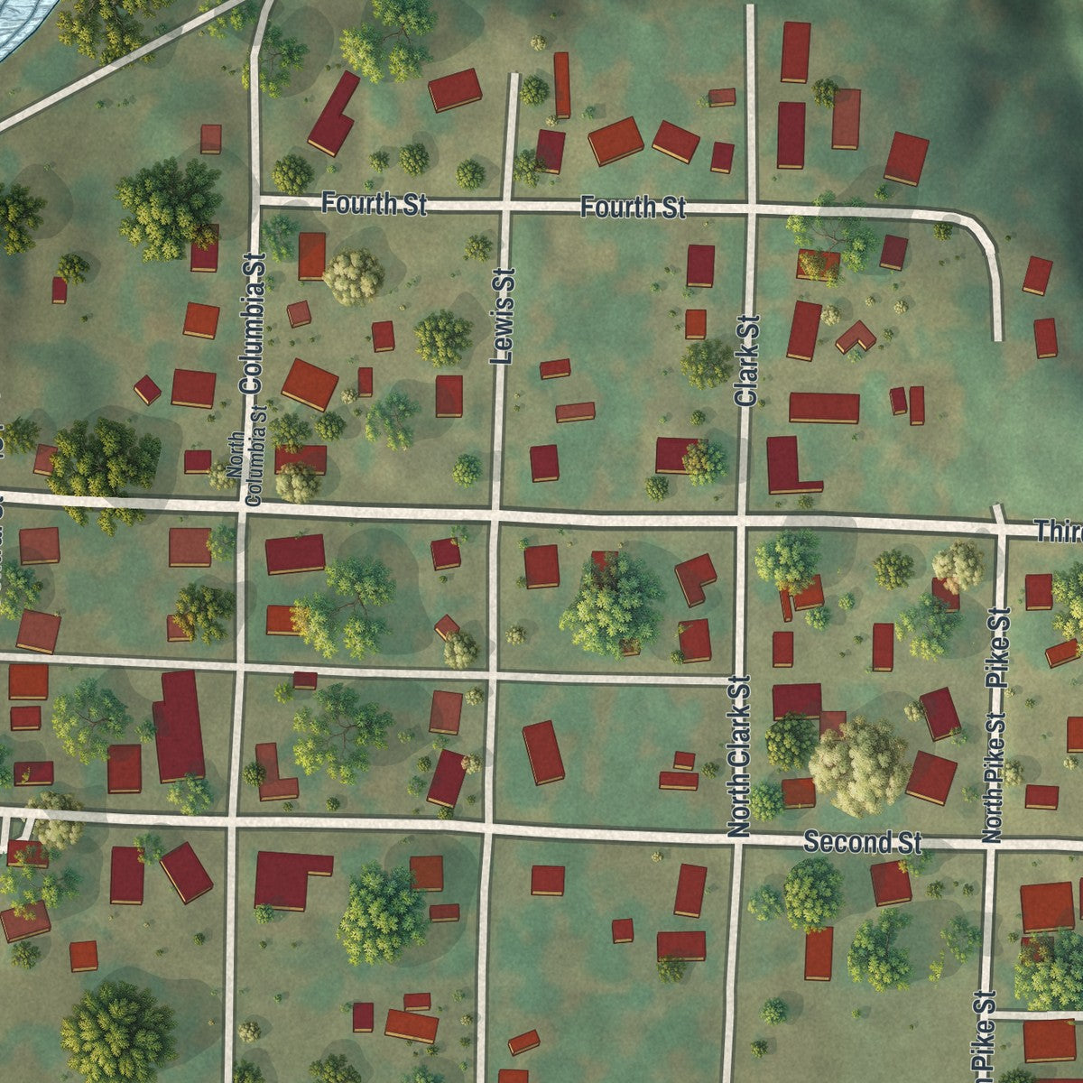Close-up of the map of Rocheport, Missouri print showing street and building detail