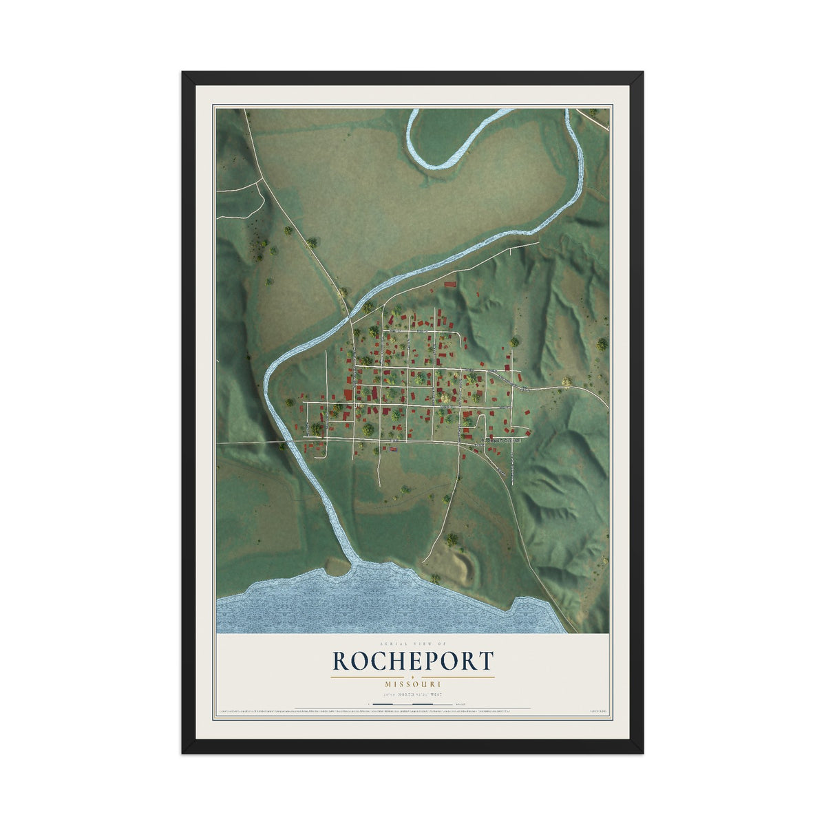 Map of Rocheport, Missouri, 12 x 18 inch print in a black wood frame