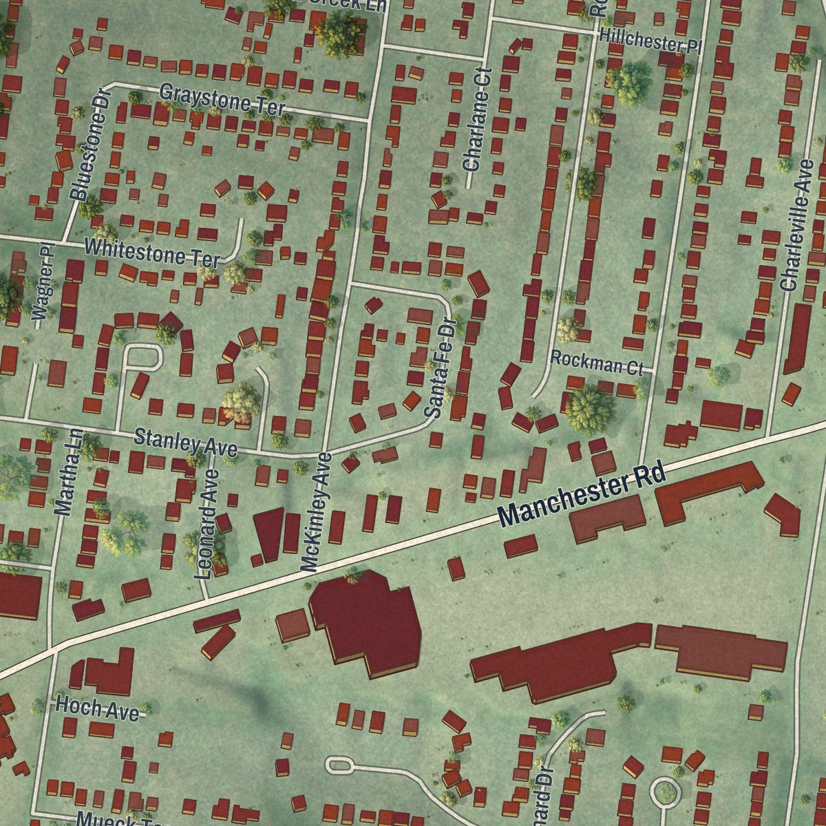 Close-up of the map of Rock Hill, Missouri print showing street and building detail