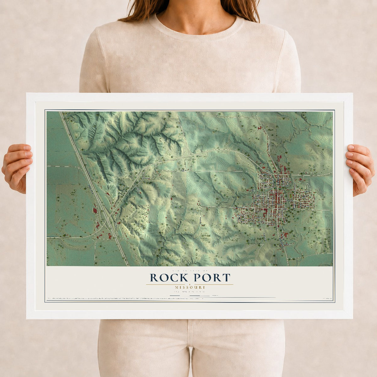 Map of Rock Port, Missouri, 12 x 18 inch print in a white wood frame