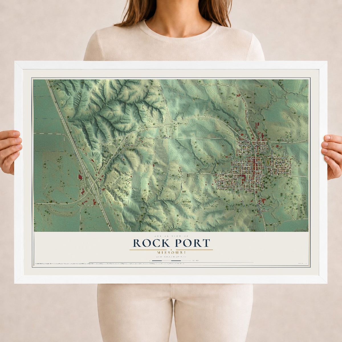 Map of Rock Port, Missouri, 18 x 24 inch print in a white wood frame