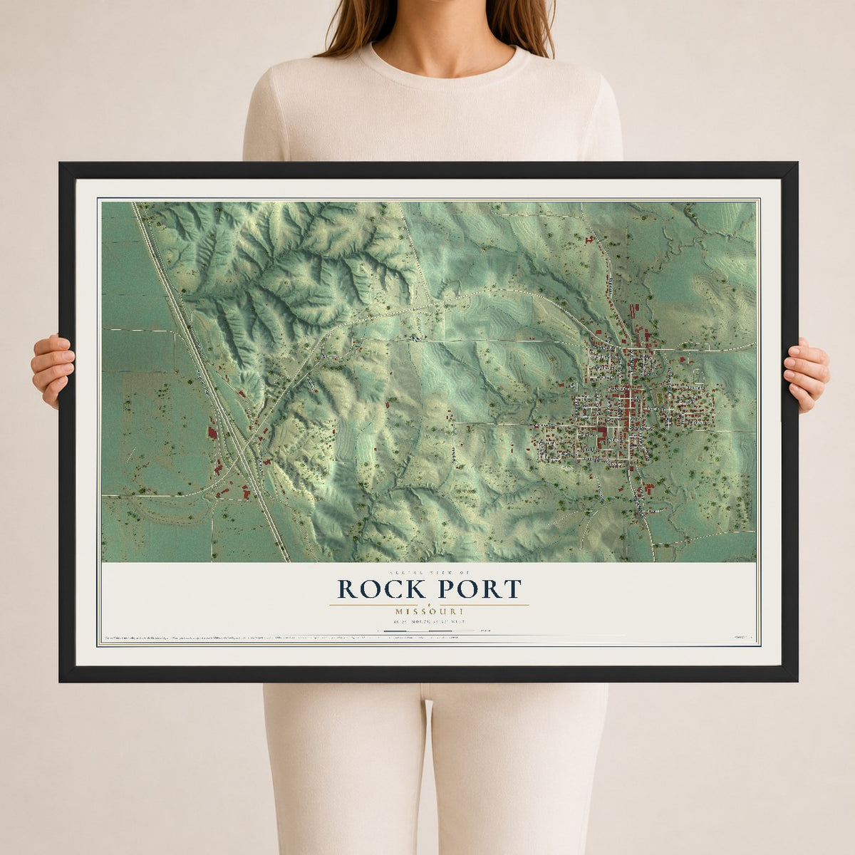 Map of Rock Port, Missouri, 24 x 36 inch print in a black wood frame