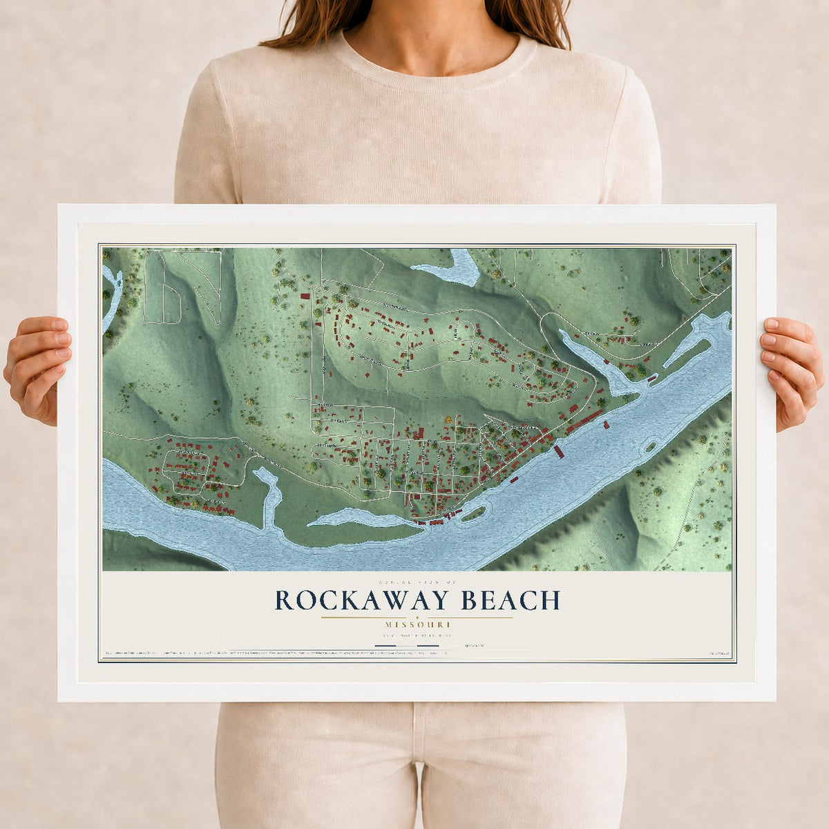 Map of Rockaway Beach, Missouri, 12 x 18 inch print in a white wood frame