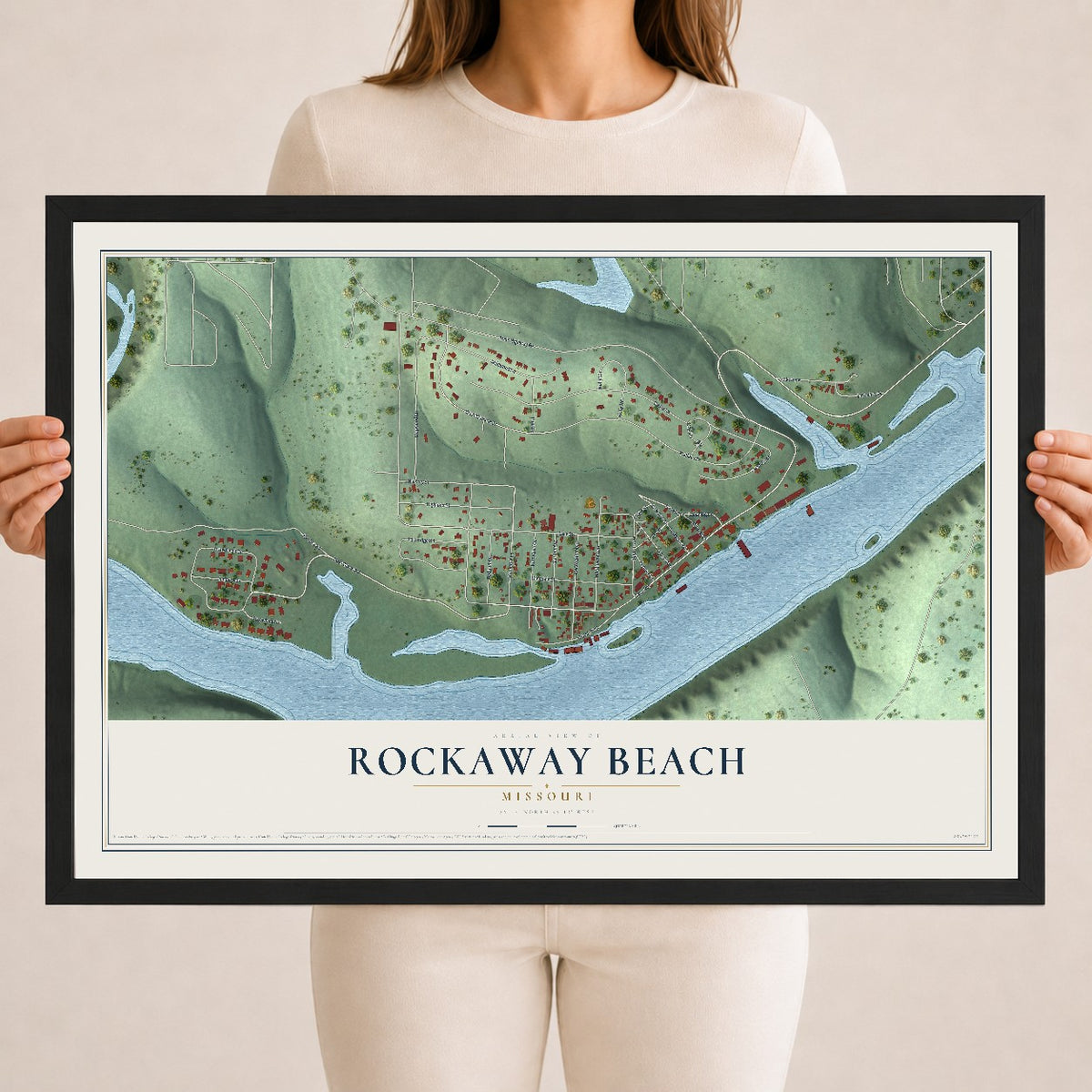 Map of Rockaway Beach, Missouri, 18 x 24 inch print in a black wood frame