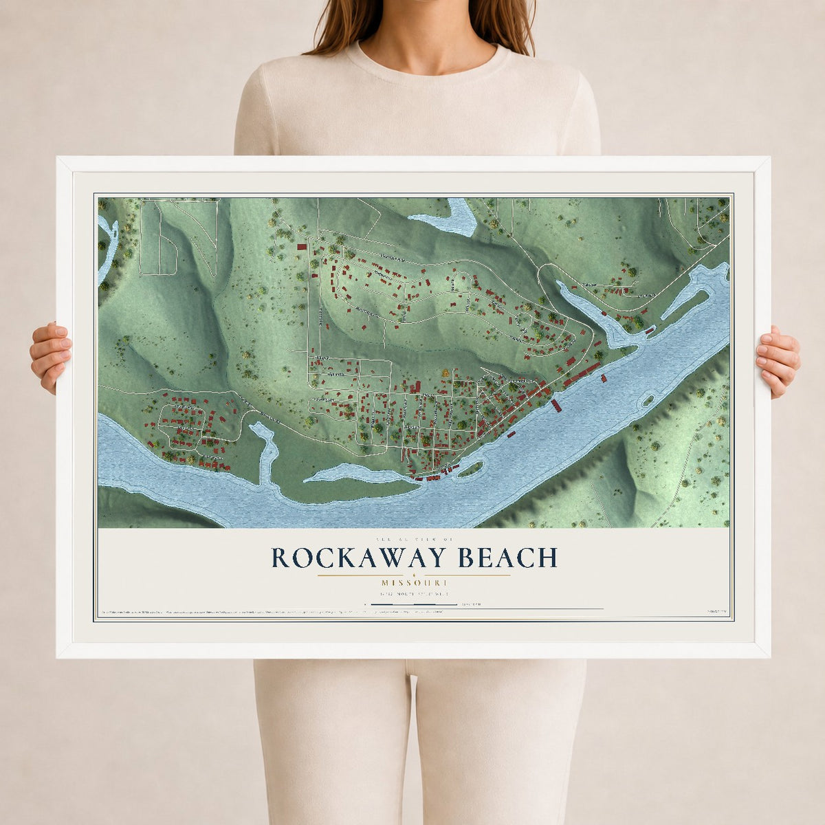 Map of Rockaway Beach, Missouri, 24 x 36 inch print in a white wood frame