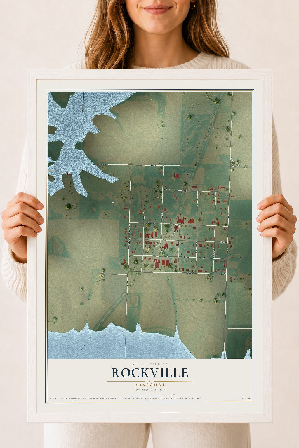 Map of Rockville, Missouri, 18 x 24 inch print in a white wood frame