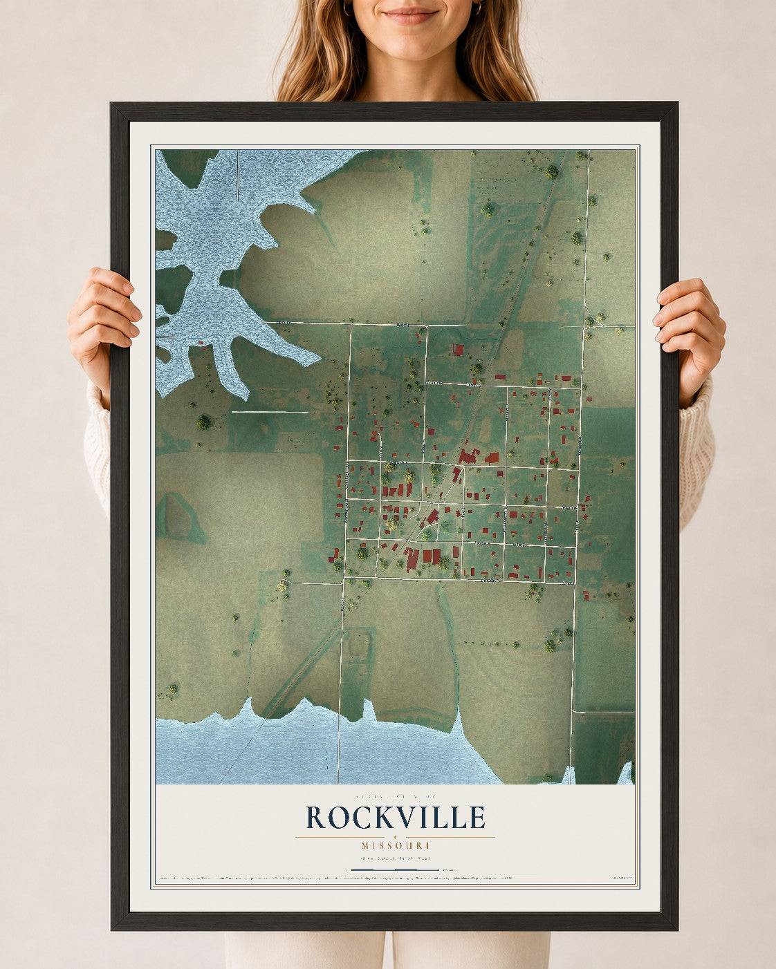 Map of Rockville, Missouri, 24 x 36 inch print in a black wood frame