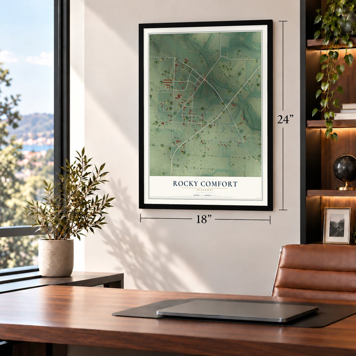 Rocky Comfort, Missouri map, 18 x 24 inch print in a black frame in a home office