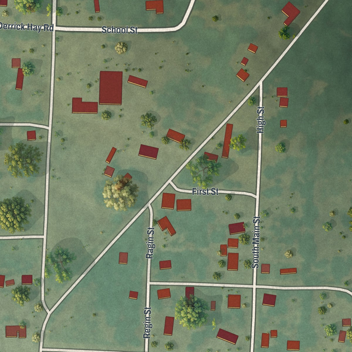 Close-up of the map of Rocky Comfort, Missouri print showing street and building detail