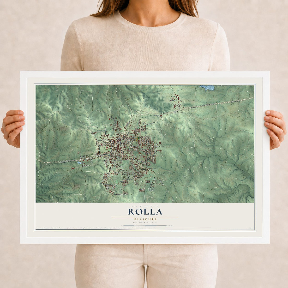 Map of Rolla, Missouri, 12 x 18 inch print in a white wood frame