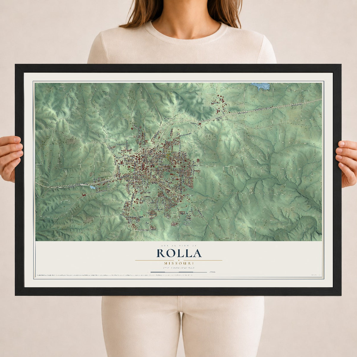 Map of Rolla, Missouri, 18 x 24 inch print in a black wood frame