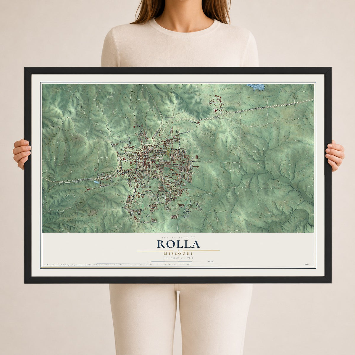 Map of Rolla, Missouri, 24 x 36 inch print in a black wood frame