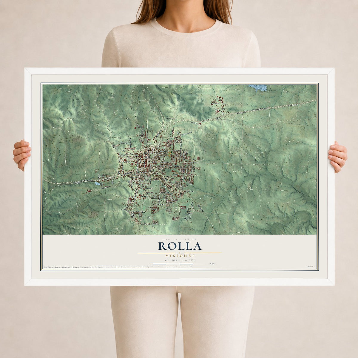 Map of Rolla, Missouri, 24 x 36 inch print in a white wood frame