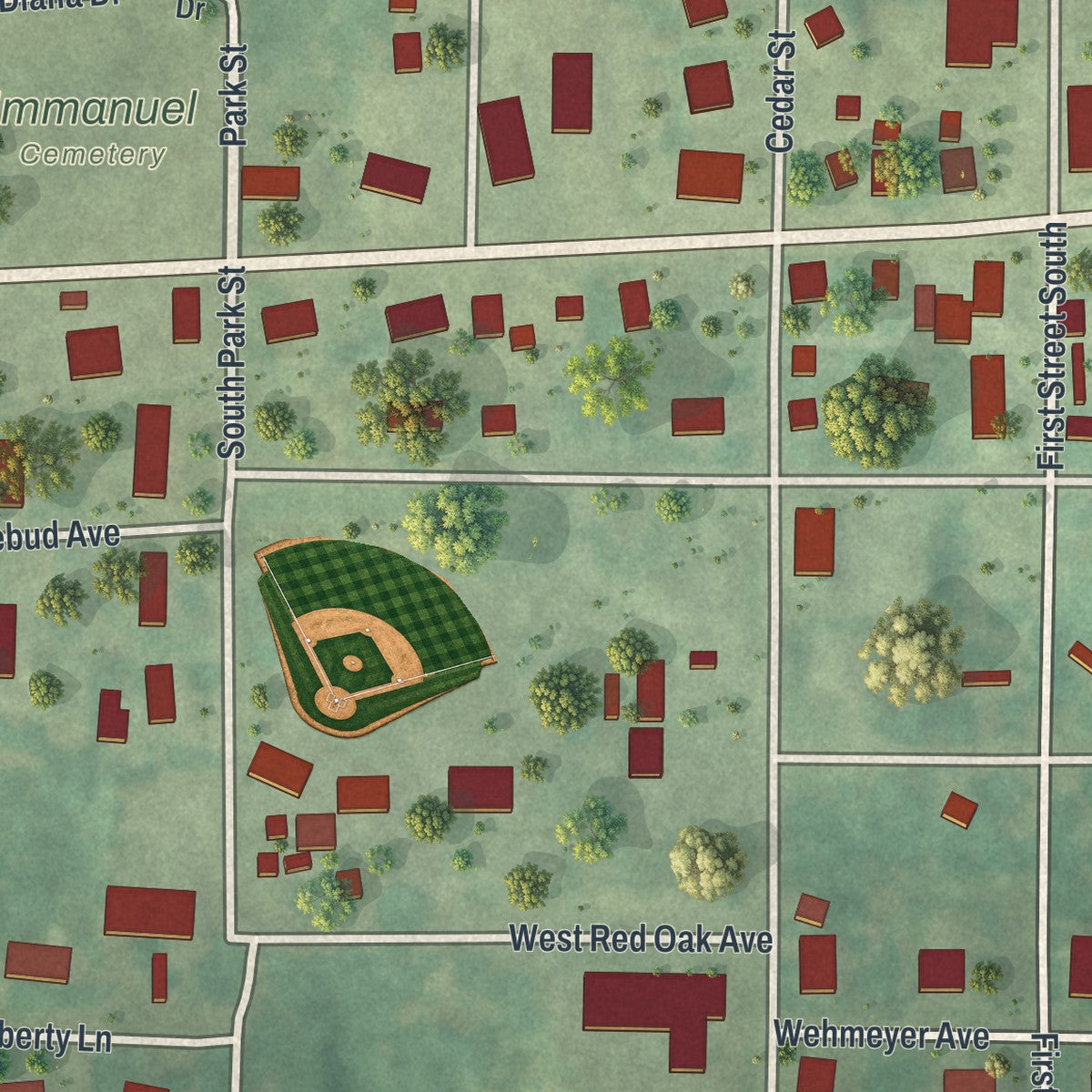 Close-up of the map of Rosebud, Missouri print showing street and building detail