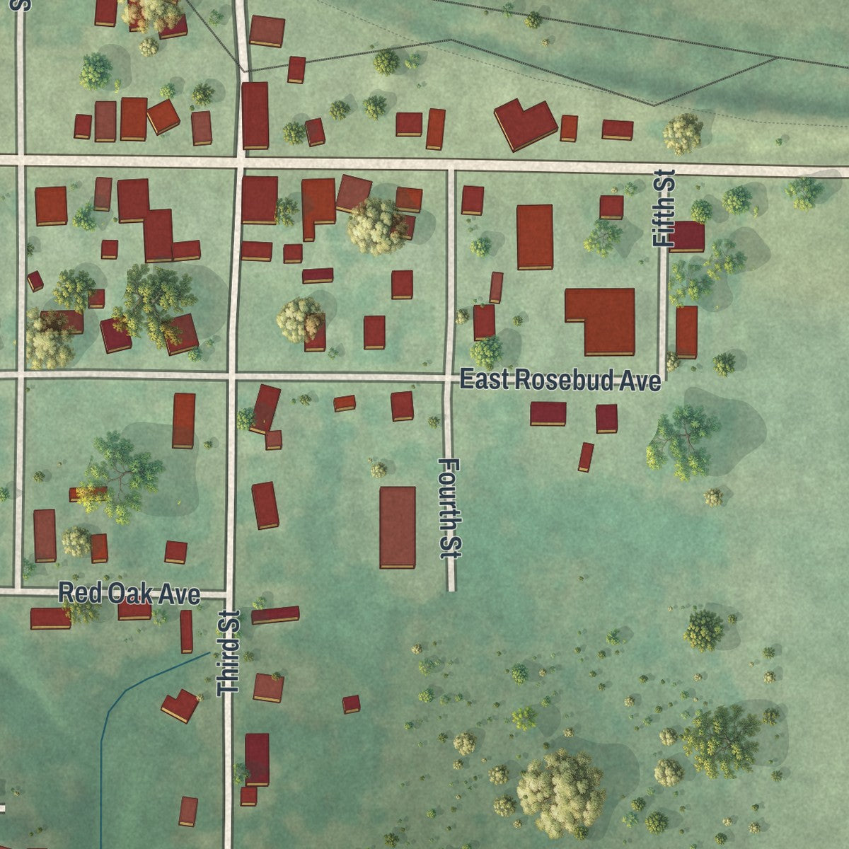 Second close-up of the map of Rosebud, Missouri print showing more streets and buildings
